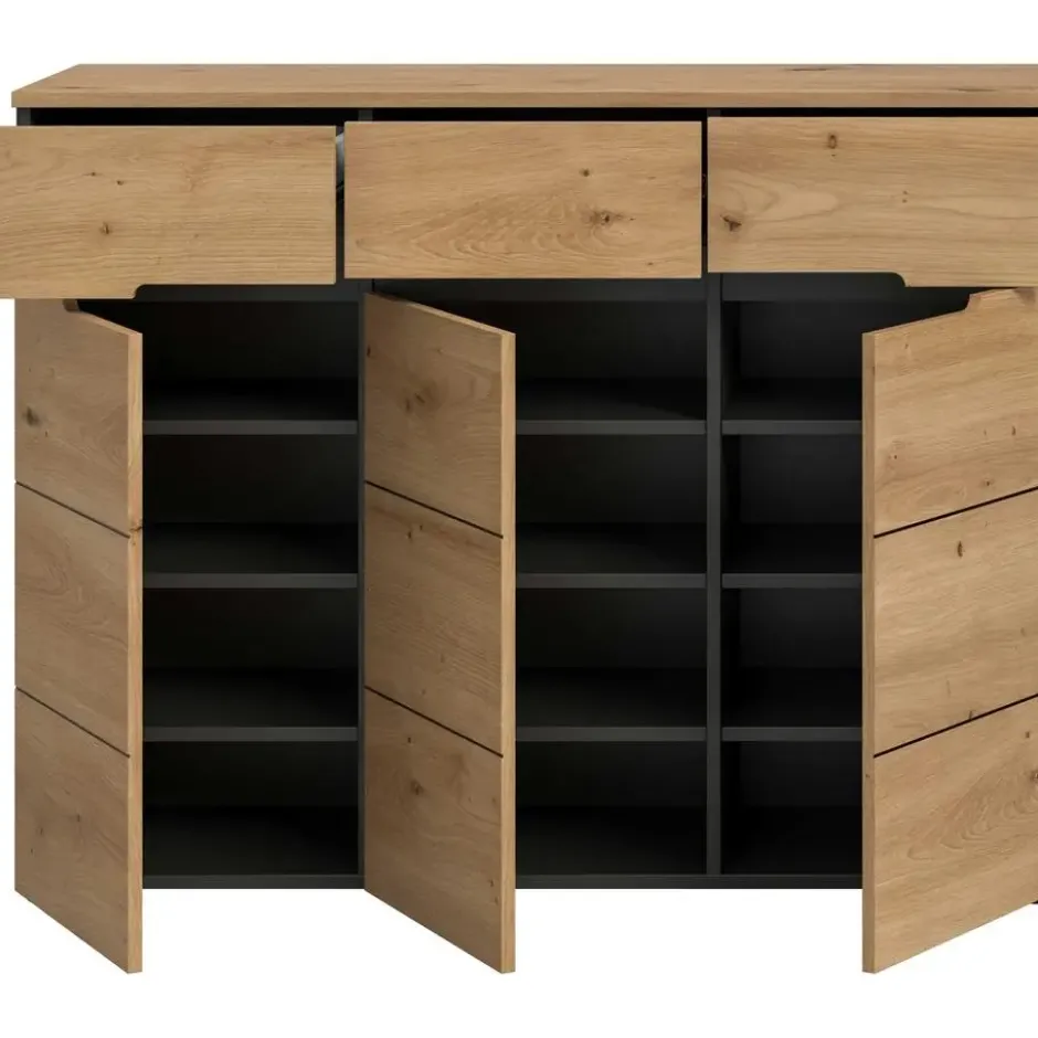Hioshop Canu schoenenkast 3 deuren- 3 lades eiken decor- grijs