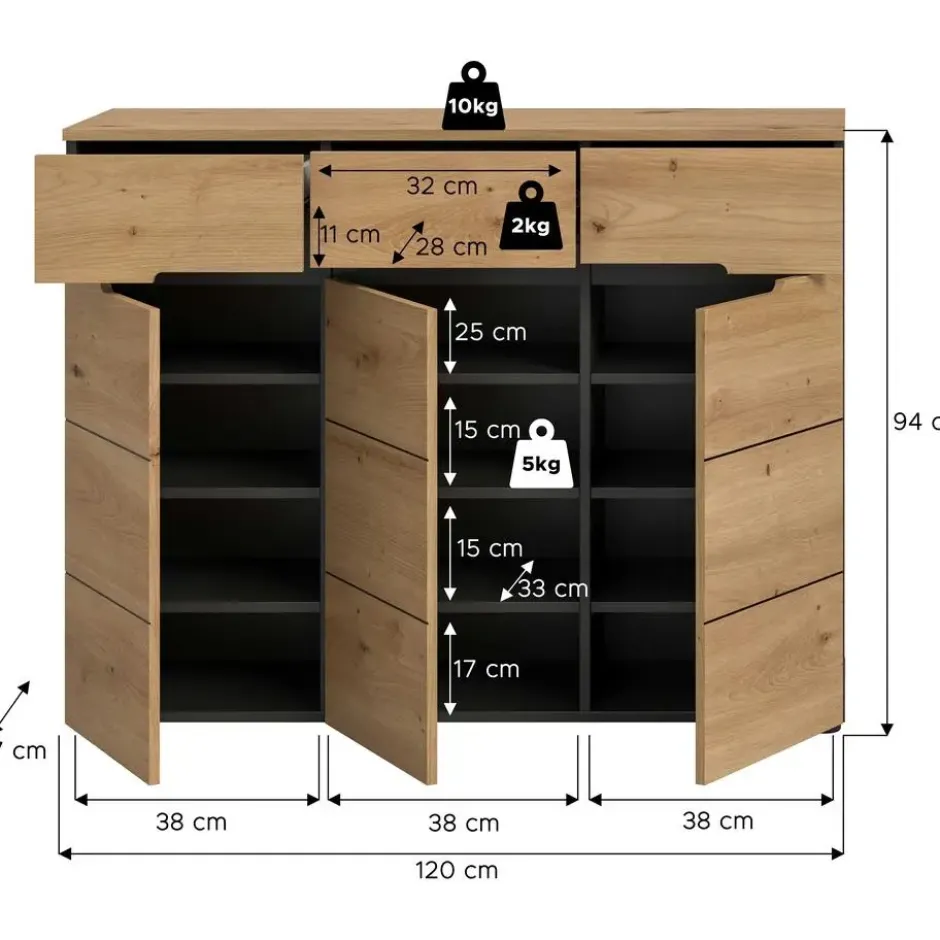 Hioshop Canu schoenenkast 3 deuren- 3 lades eiken decor- grijs