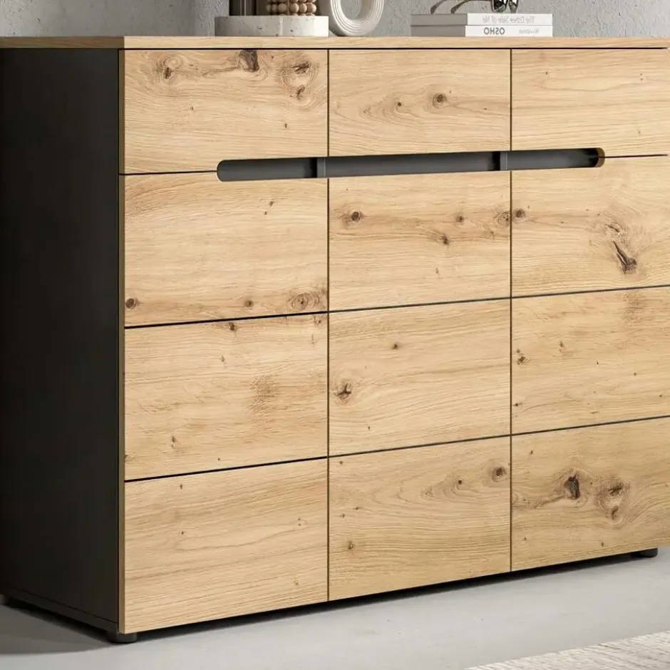 Hioshop Canu schoenenkast 3 deuren- 3 lades eiken decor- grijs