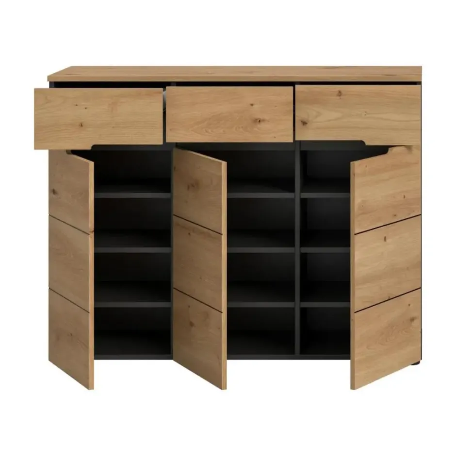 Hioshop Canu schoenenkast 3 deuren- 3 lades eiken decor- grijs