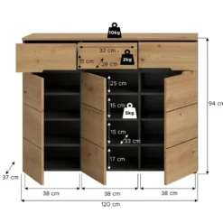 Hioshop Canu schoenenkast 3 deuren- 3 lades eiken decor- grijs