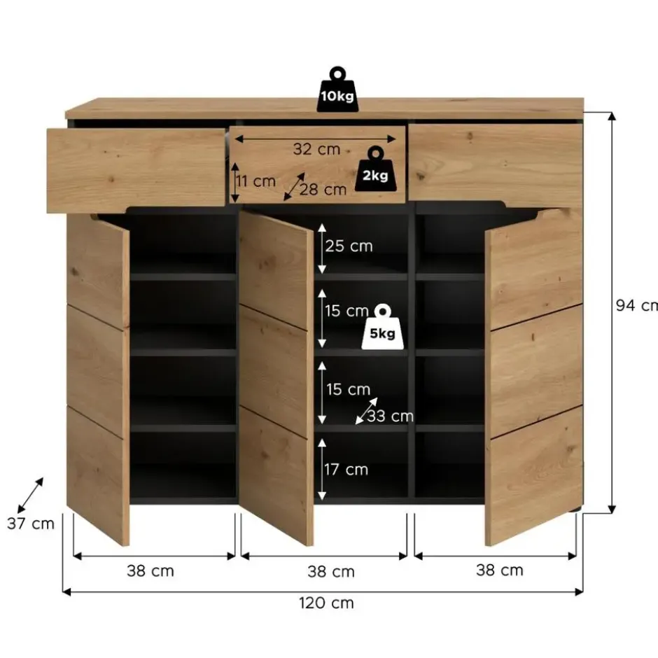 Hioshop Canu schoenenkast 3 deuren- 3 lades eiken decor- grijs