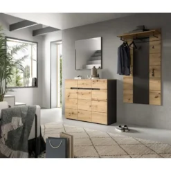 Hioshop Canu schoenenkast 3 deuren- 3 lades eiken decor- grijs