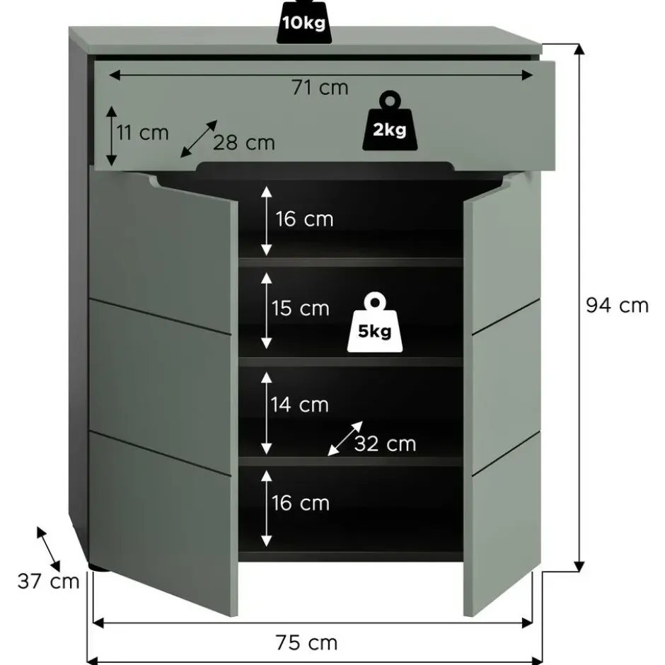 Hioshop Canu schoenenkast 2 deuren- 1 lade stofgroen- donkergrijs