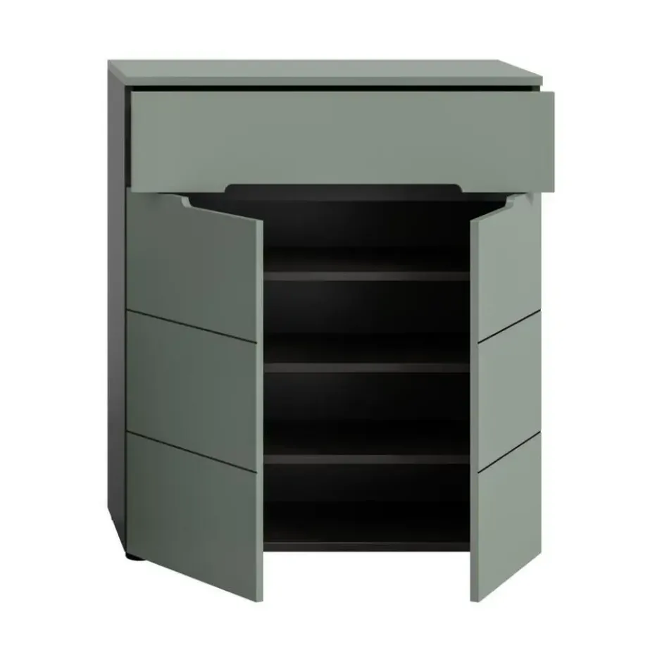 Hioshop Canu schoenenkast 2 deuren- 1 lade stofgroen- donkergrijs