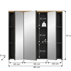 Hioshop Canu spiegelkast 3 spiegeldeuren eiken decor- grijs