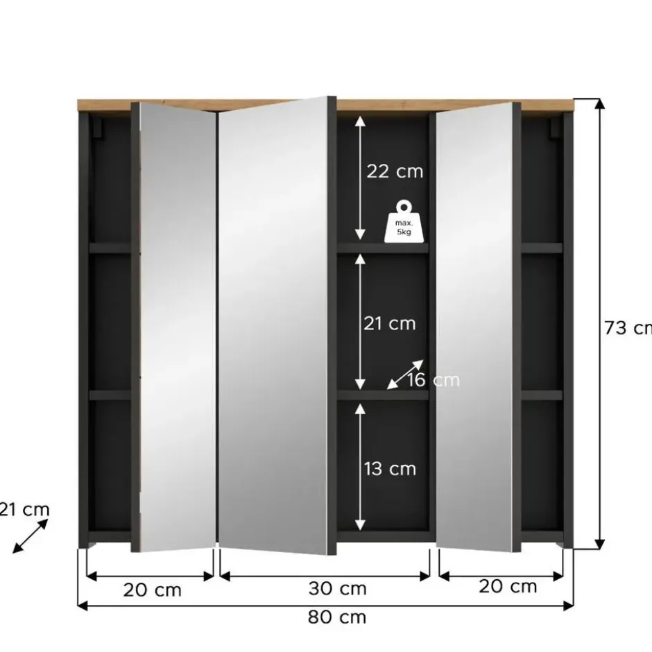 Hioshop Canu spiegelkast 3 spiegeldeuren eiken decor- grijs
