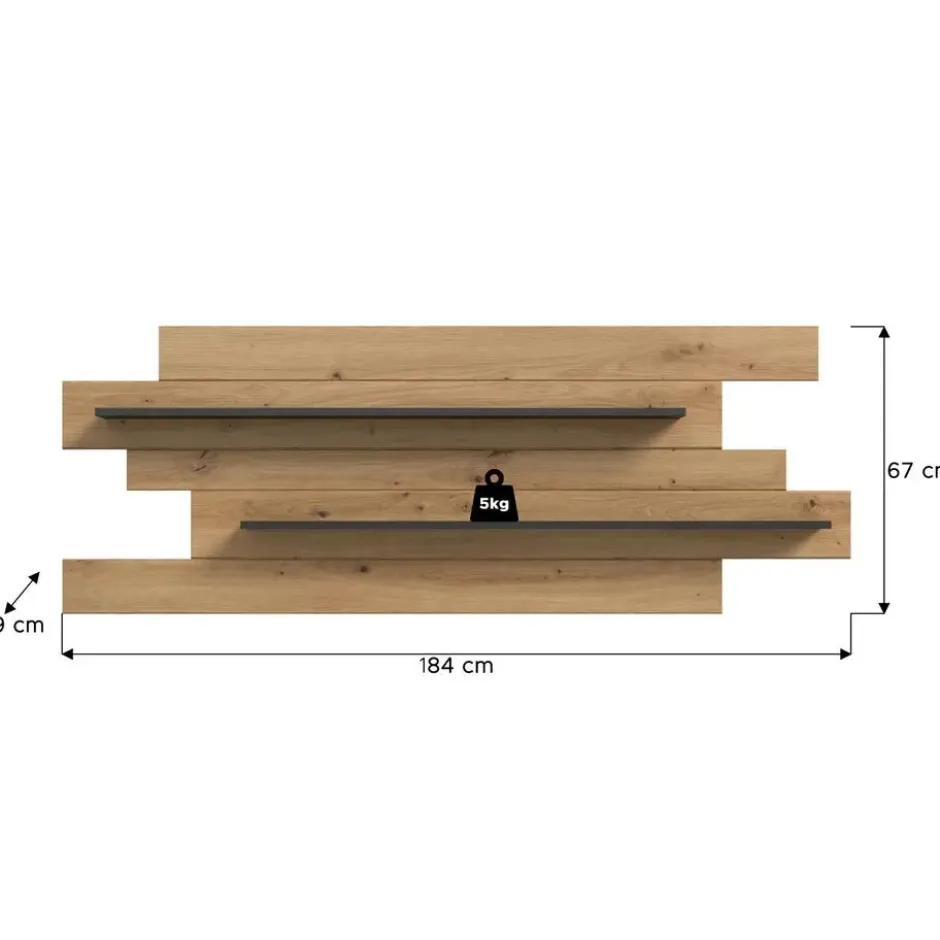 Hioshop Canu wandkast wandplank 2 planken eiken decor- donkergrijs