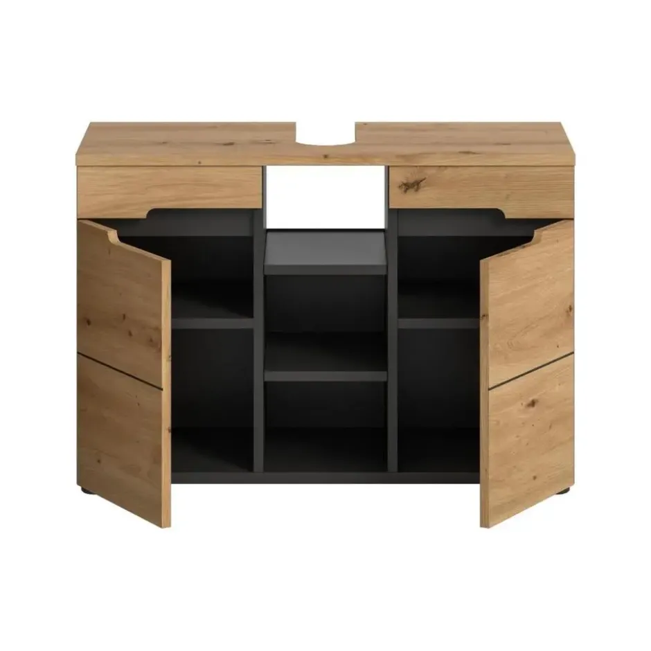 Hioshop Canu wastafel 2 deuren- 3 planken eiken decor- grijs