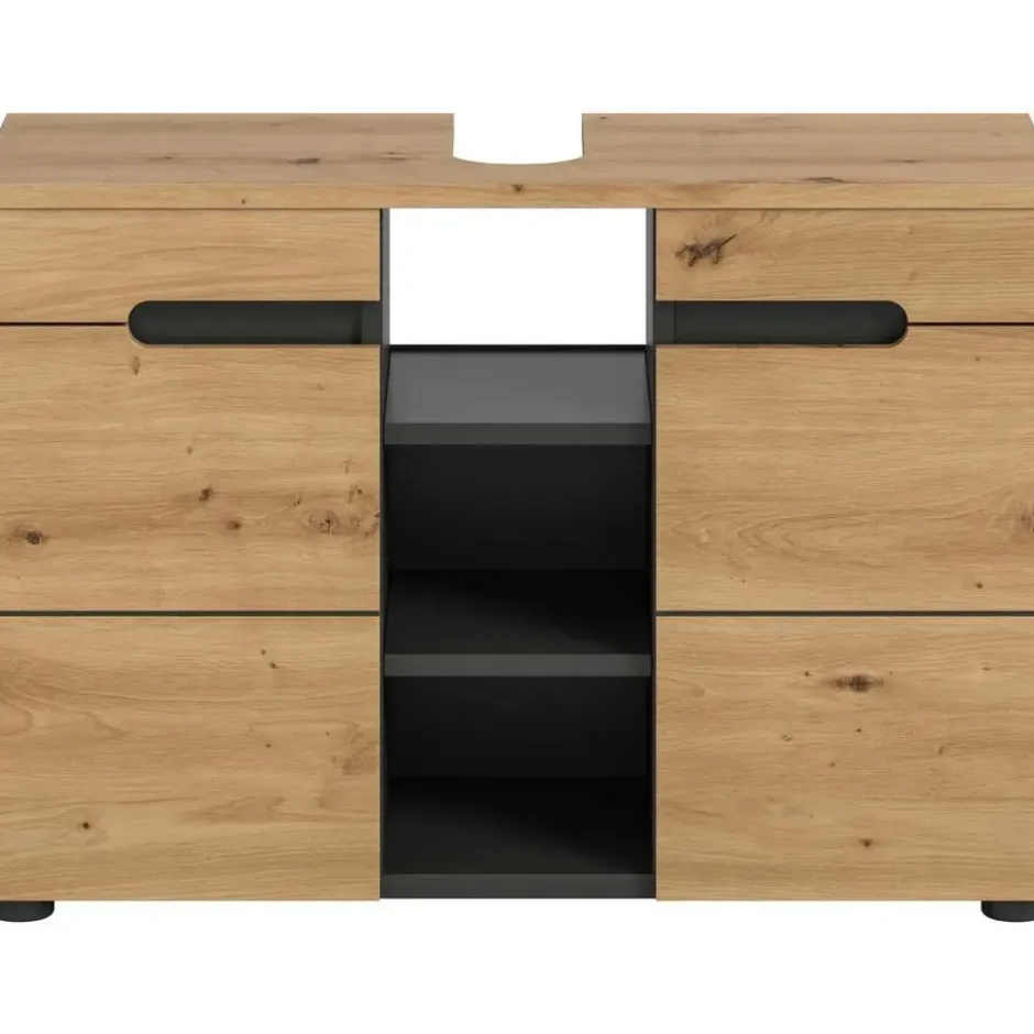 Hioshop Canu wastafel 2 deuren- 3 planken eiken decor- grijs