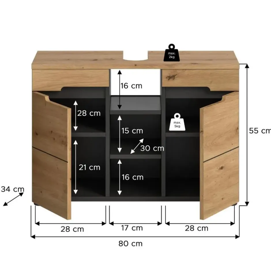 Hioshop Canu wastafel 2 deuren- 3 planken eiken decor- grijs