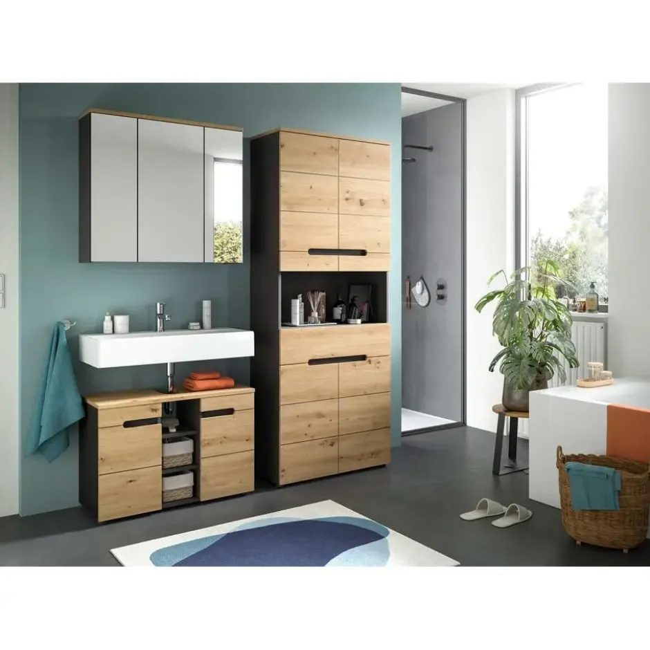 Hioshop Canu wastafel 2 deuren- 3 planken eiken decor- grijs