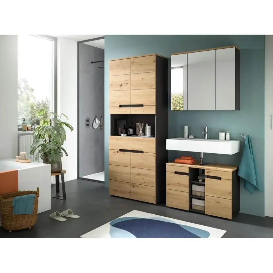 Hioshop Canu wastafel 2 deuren- 3 planken eiken decor- grijs