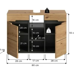 Hioshop Canu wastafel 2 deuren- 3 planken eiken decor- grijs