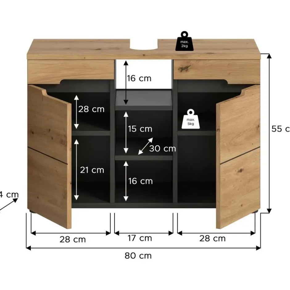 Hioshop Canu wastafel 2 deuren- 3 planken eiken decor- grijs