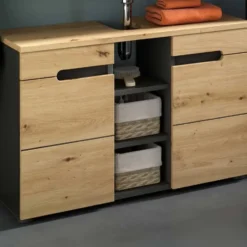 Hioshop Canu wastafel 2 deuren- 3 planken eiken decor- grijs
