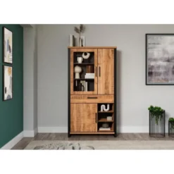 Hioshop Enna vitrinekast 3 deuren- 1 lade- 3 planken mango decor