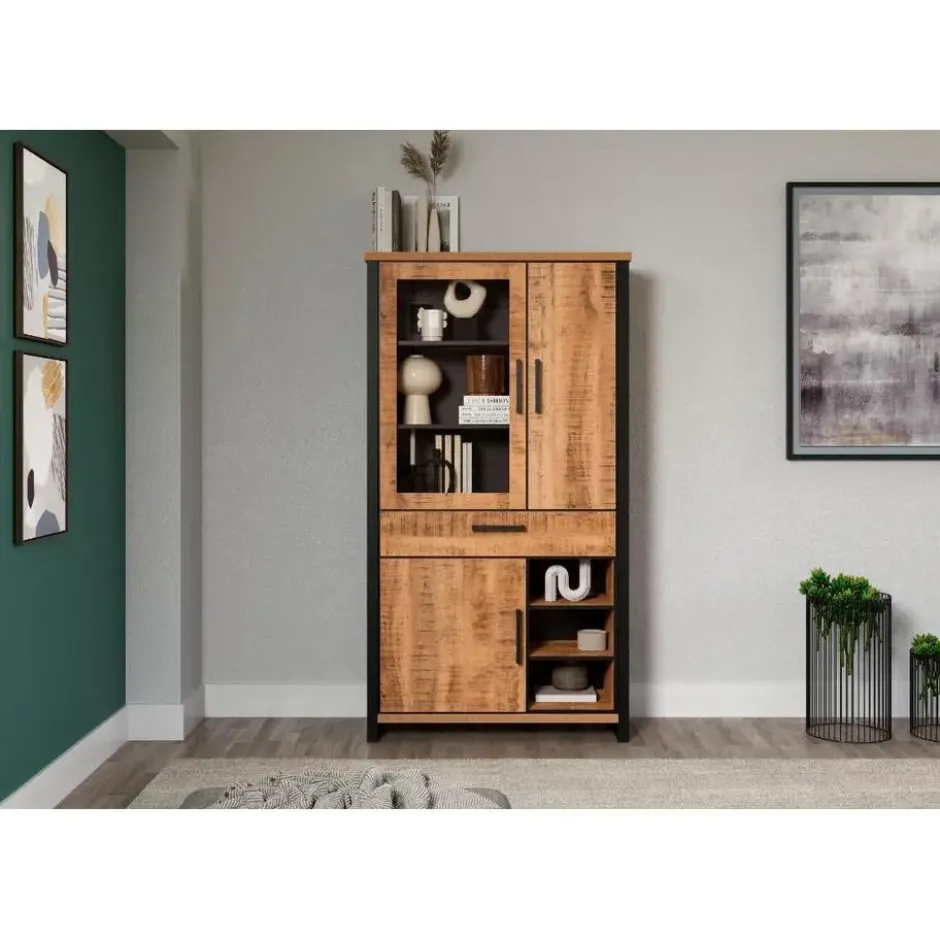 Hioshop Enna vitrinekast 3 deuren- 1 lade- 3 planken mango decor