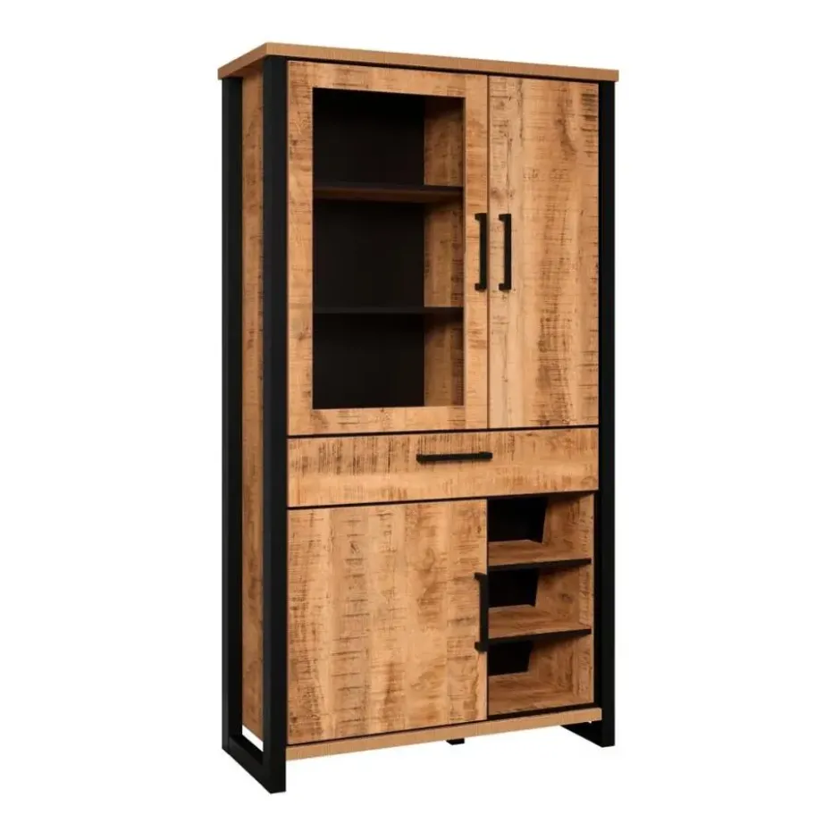 Hioshop Enna vitrinekast 3 deuren- 1 lade- 3 planken mango decor