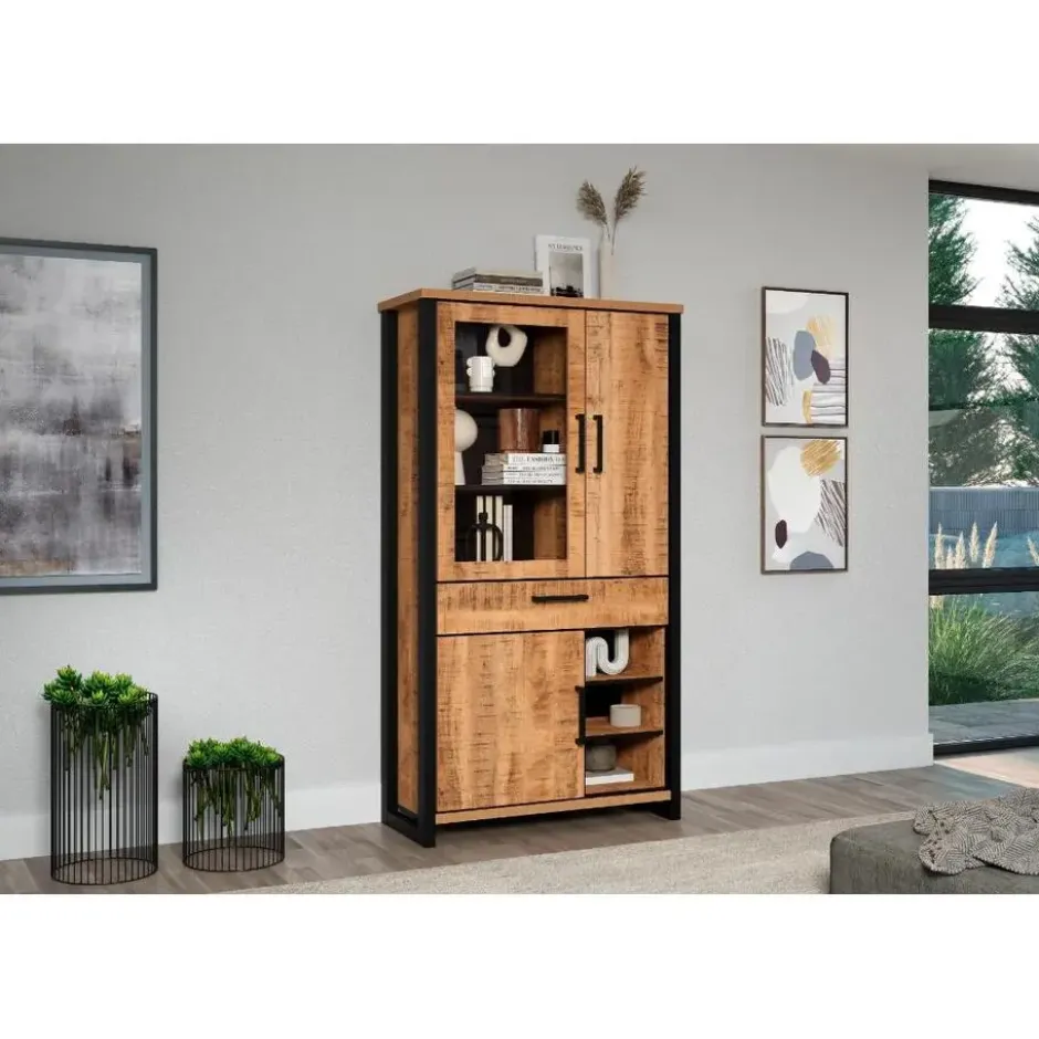 Hioshop Enna vitrinekast 3 deuren- 1 lade- 3 planken mango decor