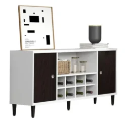 Hioshop Evolution dressoir 2 deuren- 1 plank- 8 flessen wijn wit- zwart