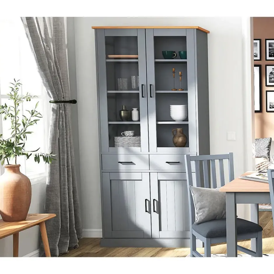 Hioshop Forenzo vitrinekast 4 deuren- 2 lades grijs- natuur