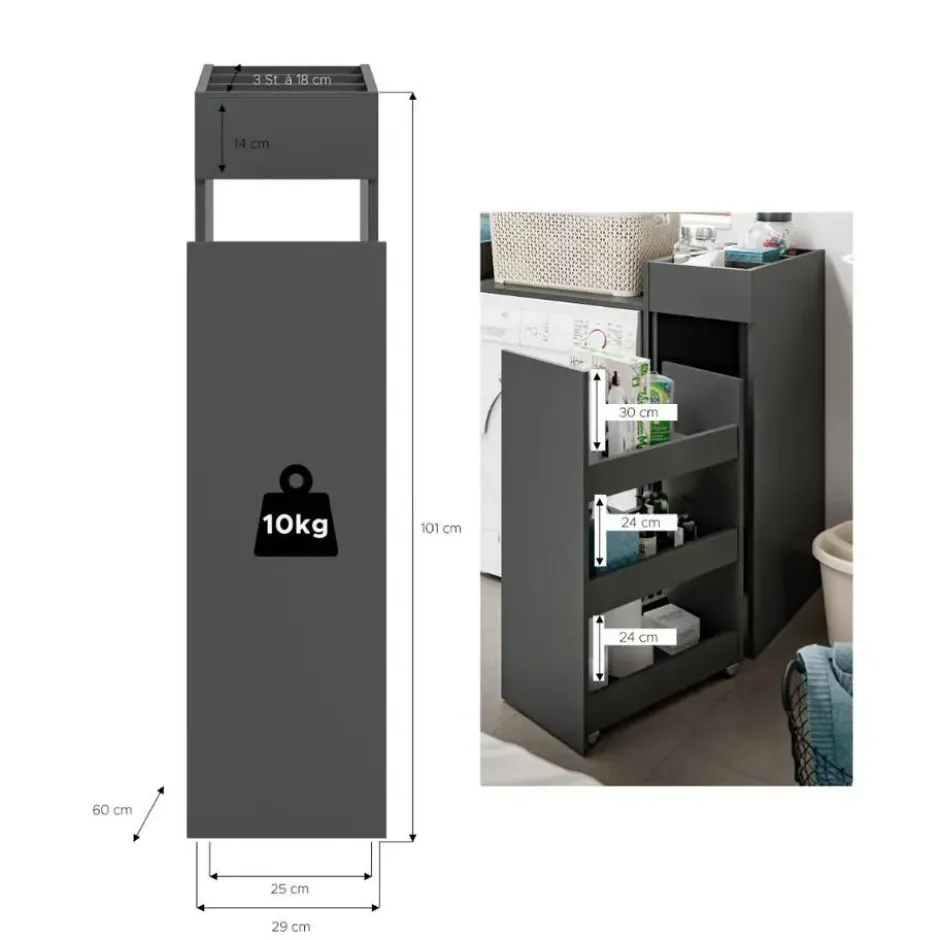 Hioshop Free badkamerkast 1 lade- 3 planken antraciet