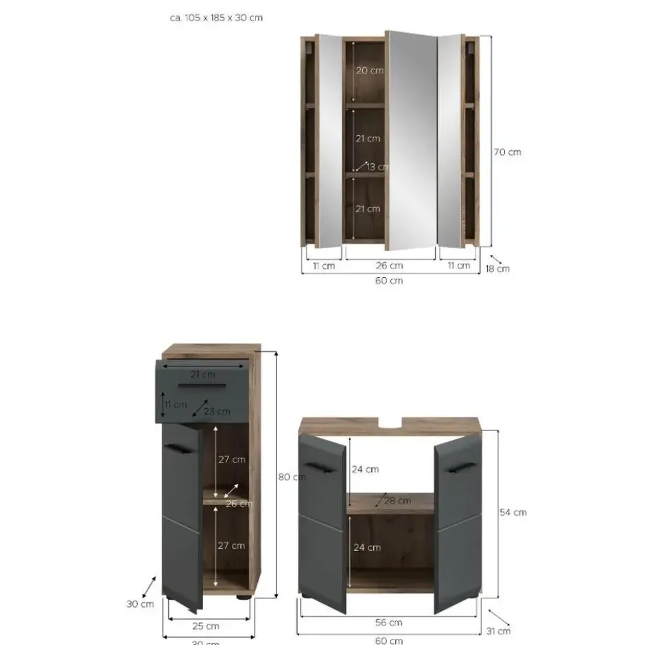 Hioshop Ice badkamer I28 zwart mat- eiken decor