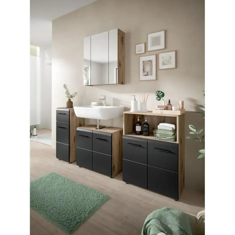 Hioshop Ice badkamerkast 1 deur- 1 lade zwart mat- eiken decor