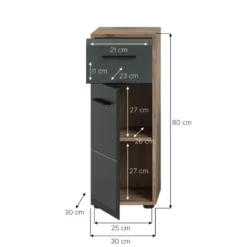 Hioshop Ice badkamerkast 1 deur- 1 lade zwart mat- eiken decor
