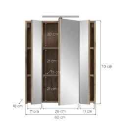 Hioshop Ice spiegelkast inclusief verlichting 3 spiegeldeuren zwart mat- eiken