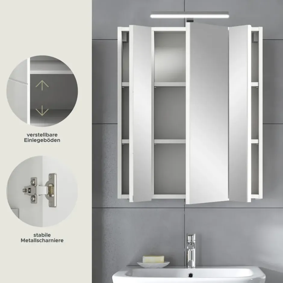 Hioshop Ice spiegelkast inclusief verlichting 3 spiegeldeuren wit hoogglans-