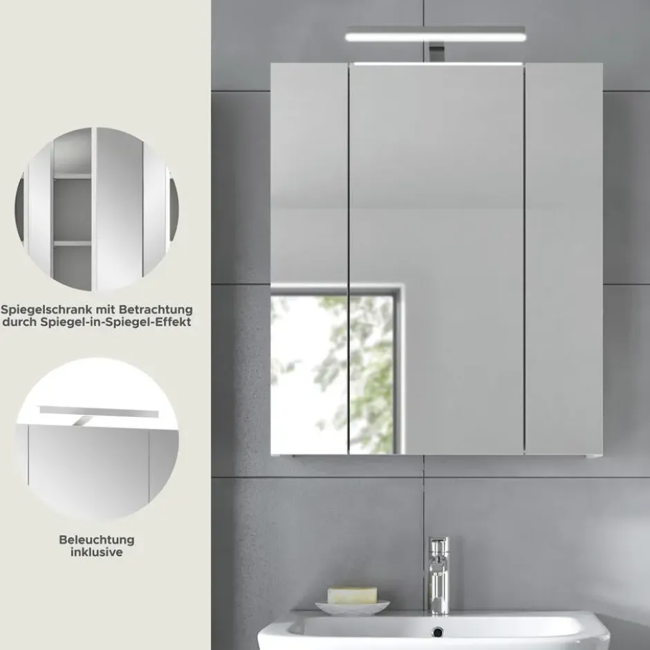 Hioshop Ice spiegelkast inclusief verlichting 3 spiegeldeuren wit hoogglans-
