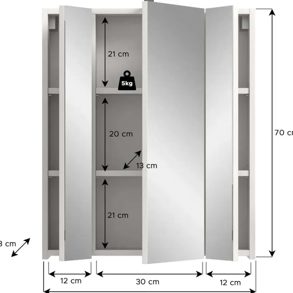 Hioshop Ice spiegelkast inclusief verlichting 3 spiegeldeuren wit hoogglans-