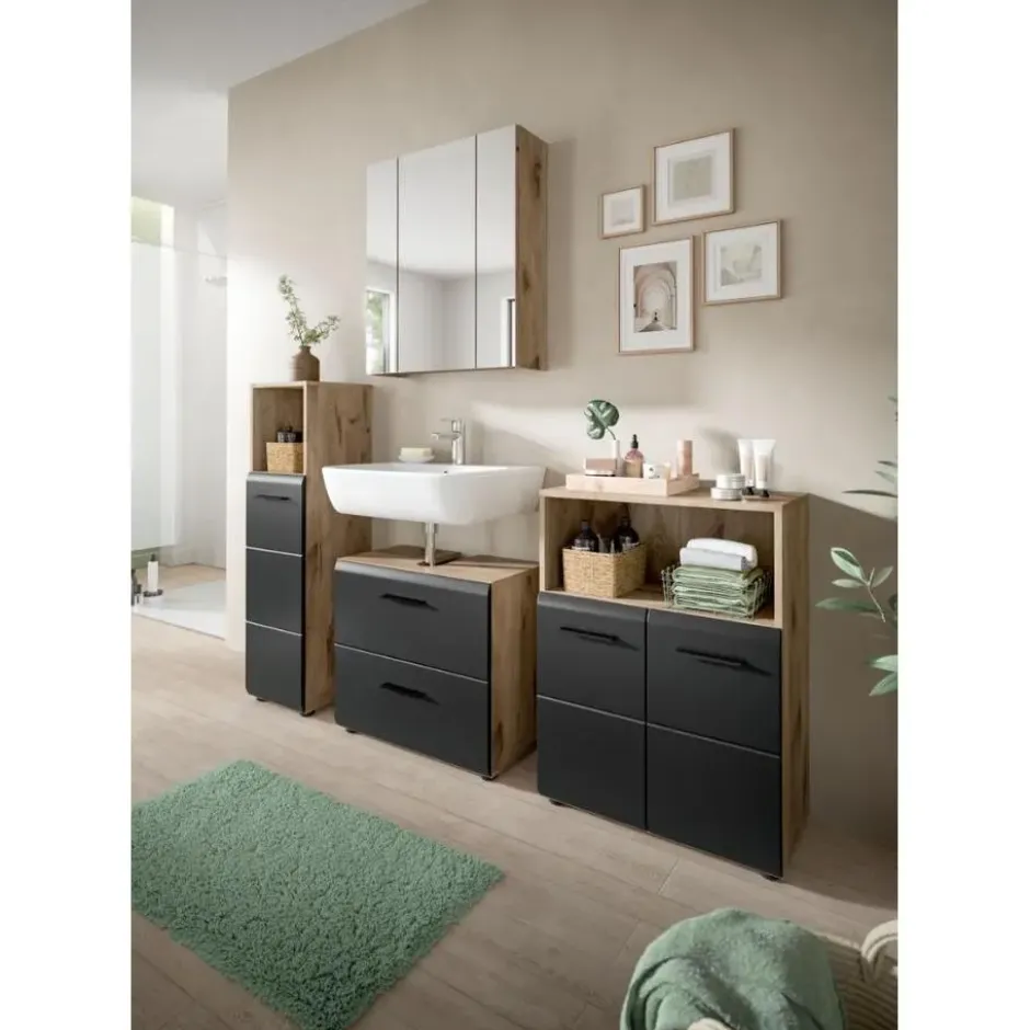 Hioshop Ice spiegelkast zwart mat- eiken decor