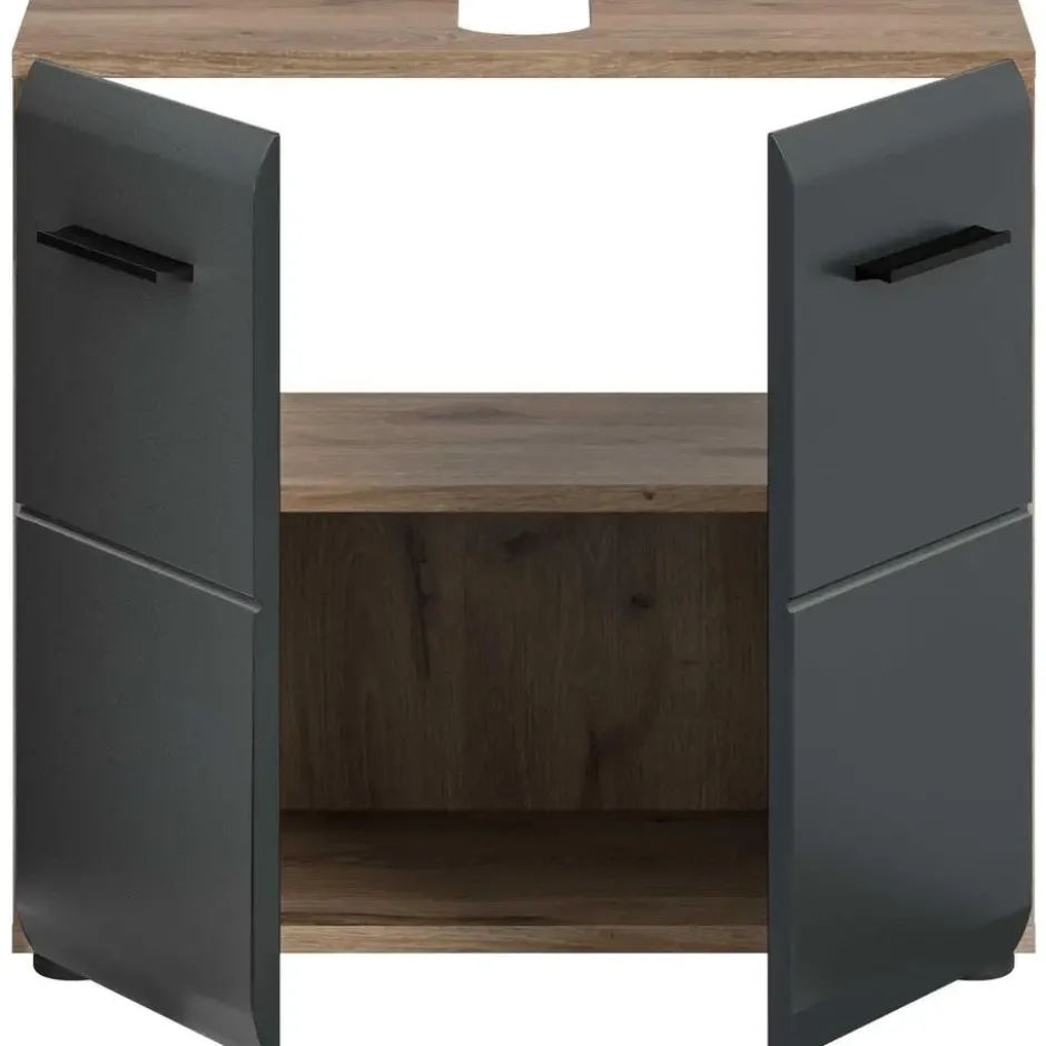 Hioshop Ice wastafel 2 deuren zwart mat- eiken decor