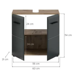 Hioshop Ice wastafel 2 deuren zwart mat- eiken decor