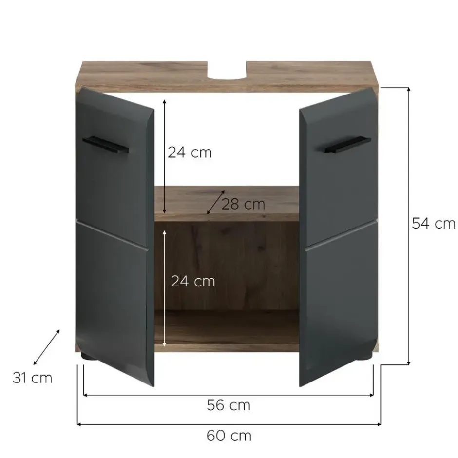 Hioshop Ice wastafel 2 deuren zwart mat- eiken decor