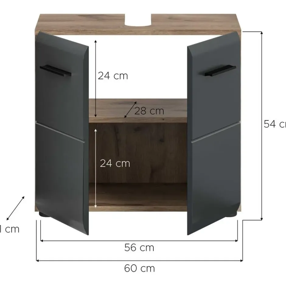 Hioshop Ice wastafel 2 deuren zwart mat- eiken decor