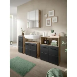 Hioshop Ice wastafel 2 deuren zwart mat- eiken decor