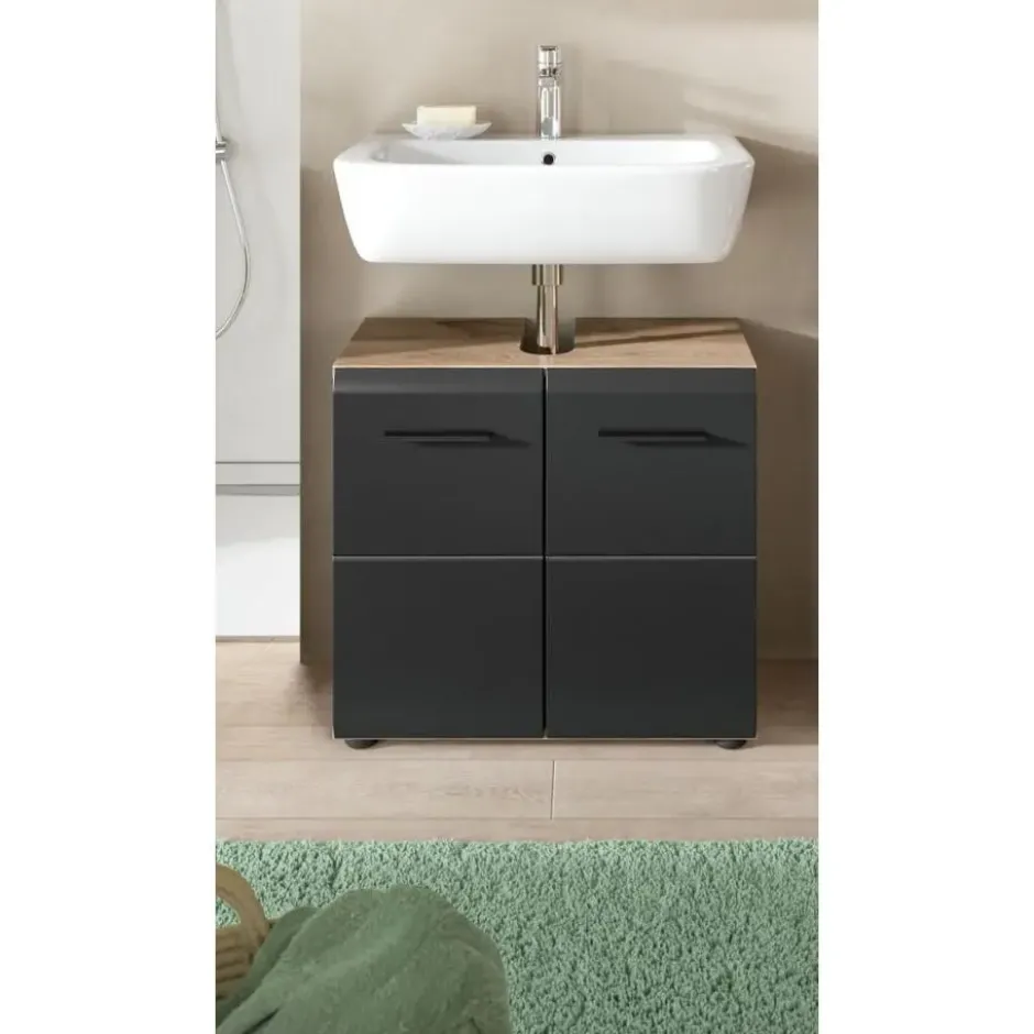 Hioshop Ice wastafel 2 deuren zwart mat- eiken decor