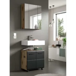 Hioshop Ice wastafel 2 deuren zwart mat- eiken decor