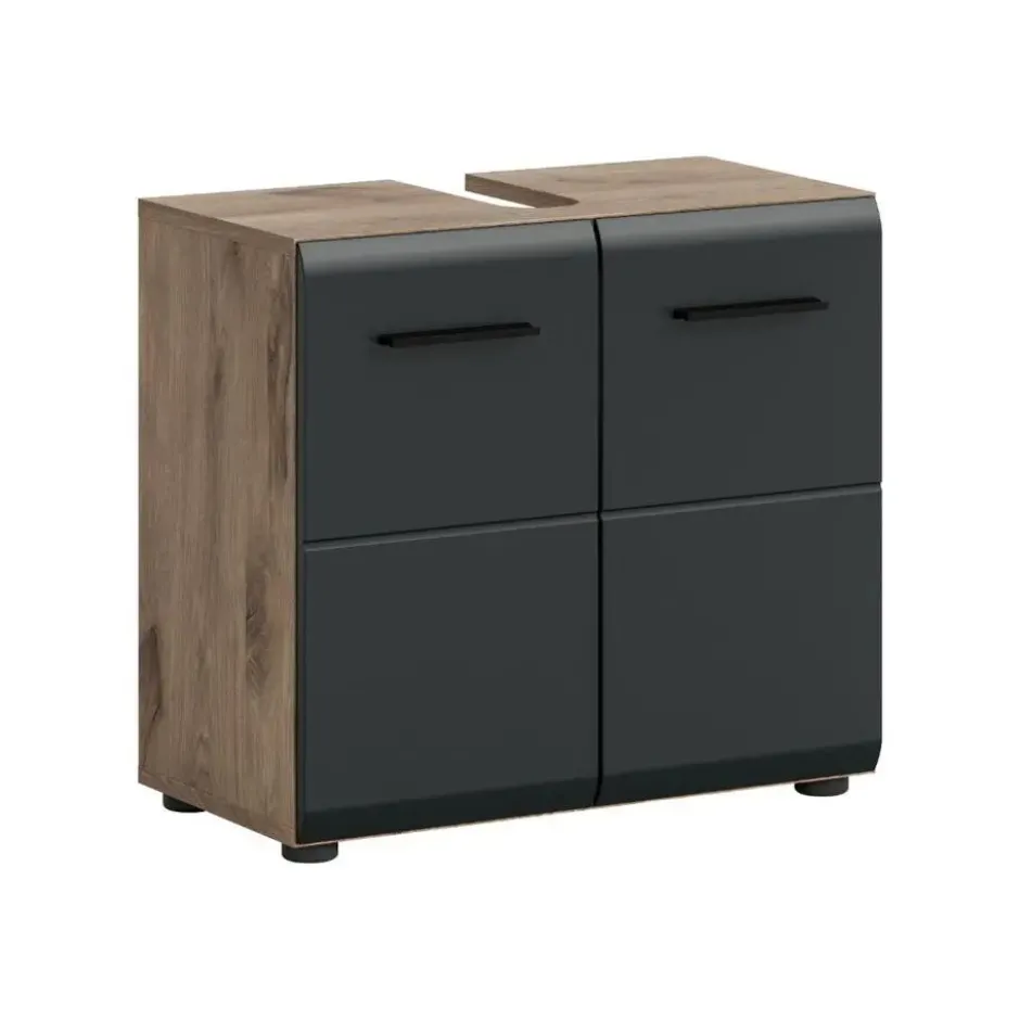 Hioshop Ice wastafel 2 deuren zwart mat- eiken decor