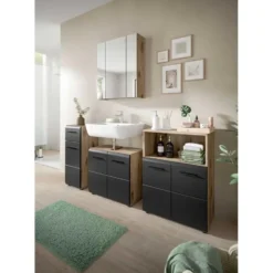 Hioshop Ice wastafel 2 deuren zwart mat- eiken decor