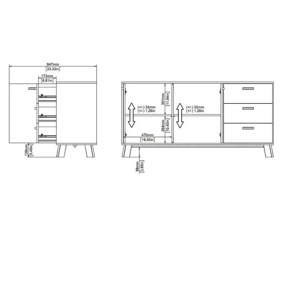Hioshop Ikast dressoir 2 deuren- 3 lades eiken decor- wit