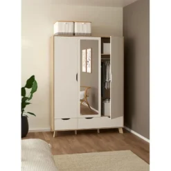Hioshop Ikast kledingkast 201x148x58cm- 2 deuren- 1 spiegeldeur- 2 lades eiken