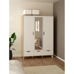 Hioshop Ikast kledingkast 201x148x58cm- 2 deuren- 1 spiegeldeur- 2 lades eiken
