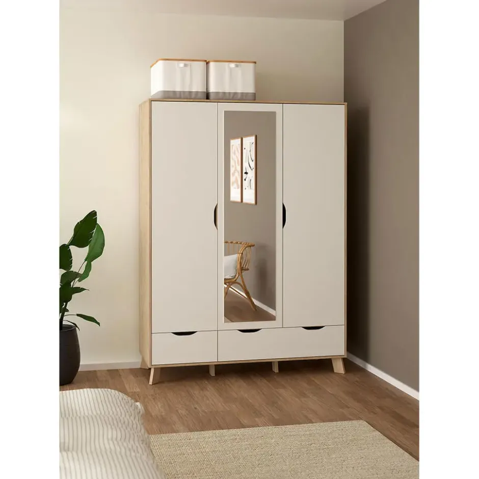 Hioshop Ikast kledingkast 201x148x58cm- 2 deuren- 1 spiegeldeur- 2 lades eiken