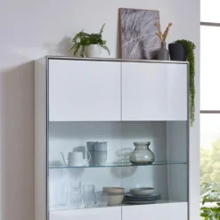 Hioshop Kenan vitrinekast 2 deuren- 1 lade wit hoogglans gelakt