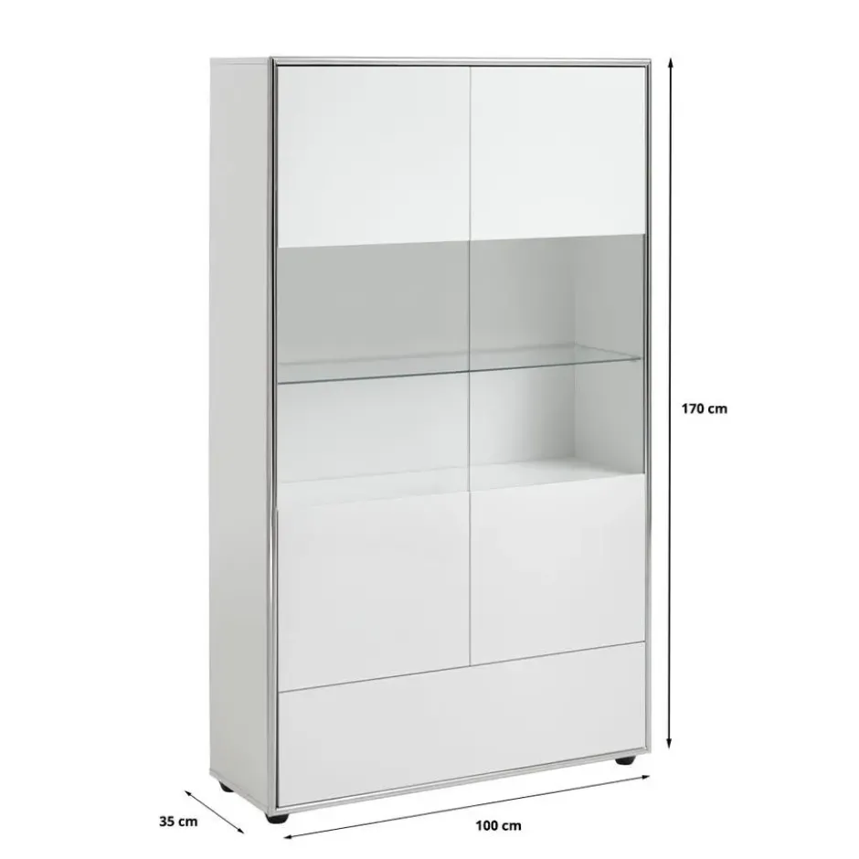 Hioshop Kenan vitrinekast 2 deuren- 1 lade wit hoogglans gelakt